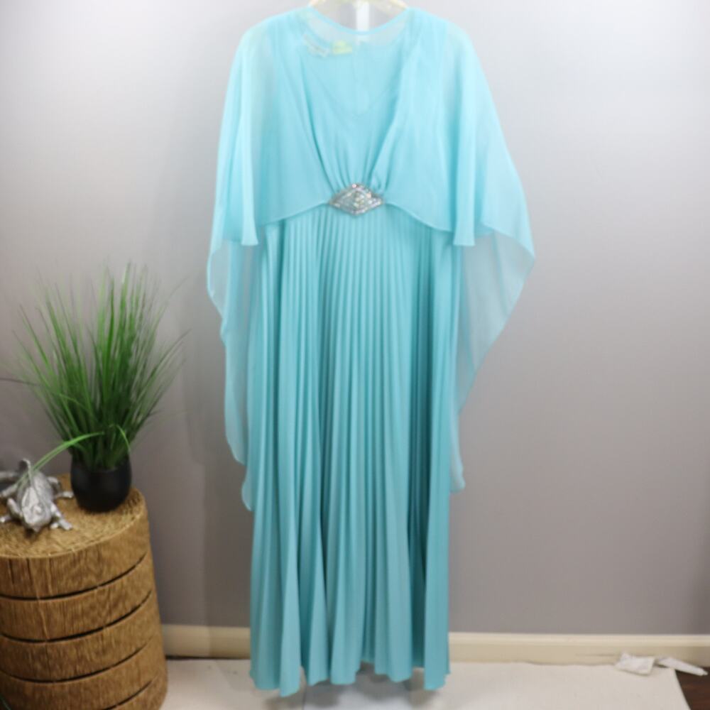 Vintage Changes Aqua‎ Blue Pleated Chiffon Gown Made in USA Size S